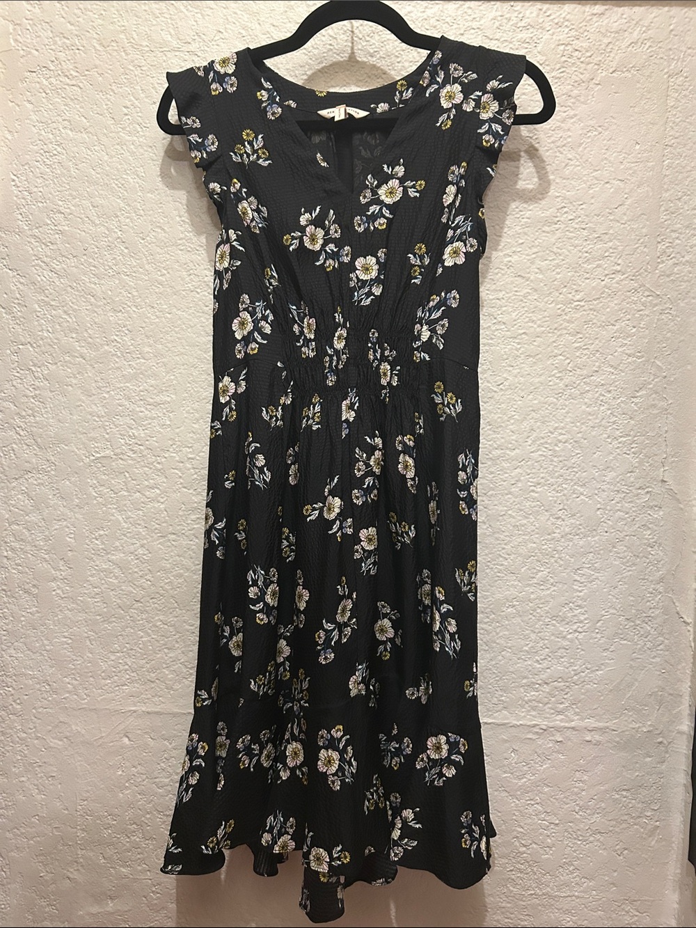 Rebecca Taylor Black Floral Midi Dress with White & Yellow Blooms